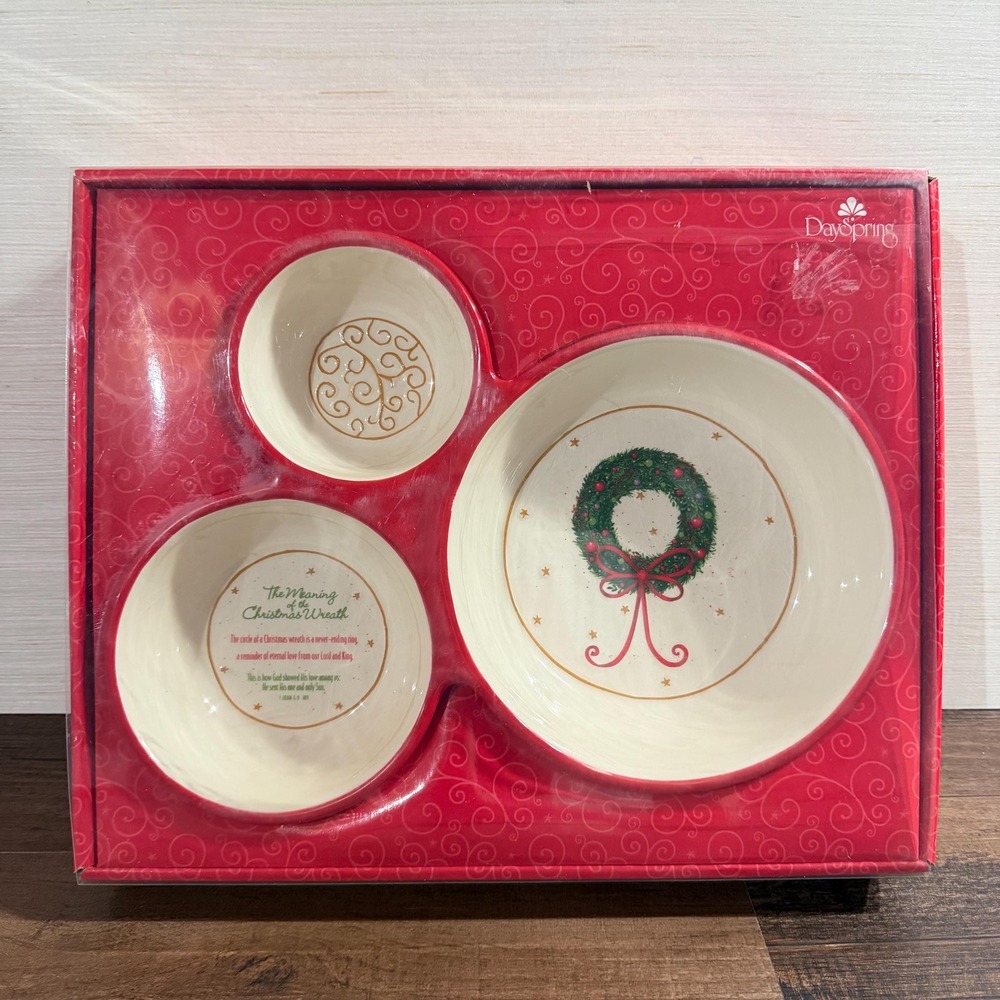 VTG Christmas Serving Dish 3 Section Appetizer Tray Christian Wreath Holiday NIB